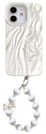 aaknhen Compatible for iPhone 12/12 Pro Chain Case with Pearl Hand Strap,Water Ripple Curly Wave Shape Soft Aesthetic Case for Women Girl(iPhone 12/12pro,Wrinkle)