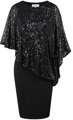 Hanna Nikole Damen Übergröße Capelet Glitzer Pailletten Sequins Cocktailkleid HIPS-Wrapped Abendkleid Schwarz 54