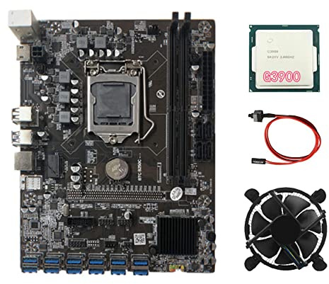 Flisdtry Placa base de minería B250C BTC con CPU G3900 + ventilador + cable de interruptor 12XPCIE a USB3.0 ranura para tarjeta GPU LGA1151 soporta RAM DDR4