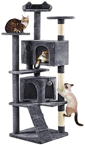 Yaheetech Arbre à Chat avec 2 Niches 3 Plateformes 2 Boules en Sisal Arbre à Grimper Multi-Niveaux Hauteur 178cm Idéal pour 3-4 Chats Gris Foncé
