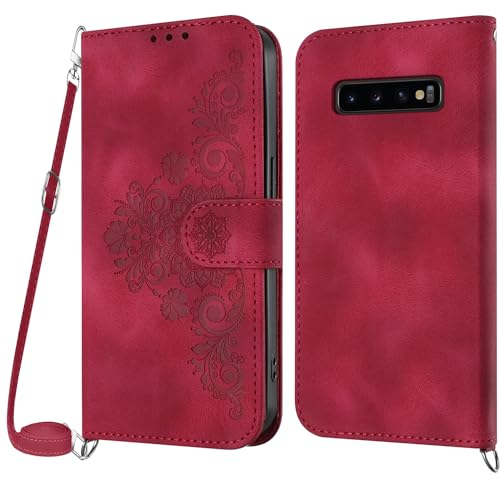 Netany Handykette Hülle für Samsung Galaxy S10 Plus, Handyhülle für Samsung S10 Plus Hülle mit Kette Klappbar, PU Leder Necklace Klapphülle und Umhängeband Lanyard Flip Schutzhülle mit Band (Rot)