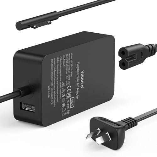 YISHIFD Surface Pro Charger, 65W Compatible with Microsoft Surface Pro 9/8/7/6/5/4/3/X, Laptop 4/3/2/1, Go 1/2/3, Book 3/2/1, USB Type A 2 Pin NA, 15V 4A Power Supply