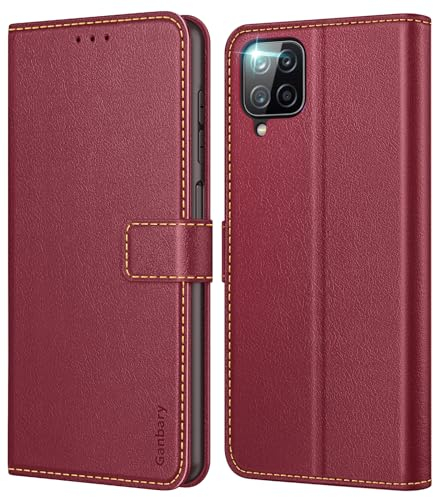 Ganbary Handyhülle für Samsung Galaxy A12 /M12 Hülle, Premium Leder Klapphülle [Kartenschlitzen] [Magnetverschluss] [Standfunktion] kompatibel mit Galaxy A12 /M12 Schutzhülle, Weinrot
