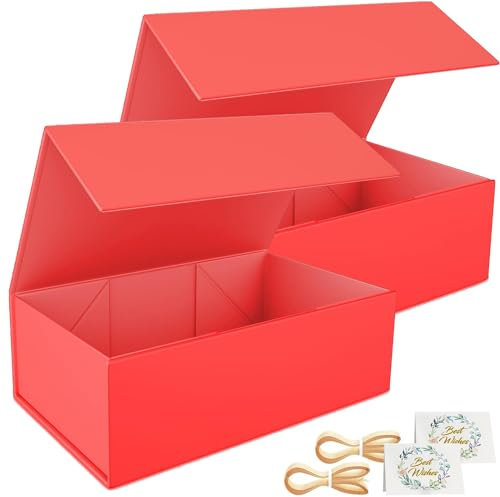 2 Pack Geschenkbox, 24x15x7.6cm Geschenkboxen für Presents with Lids Magnetic Closure Rectangle Collapsible for Groomsman Proposal Box, Christmas, Halloween, Birthday Gift Packging (Rot)