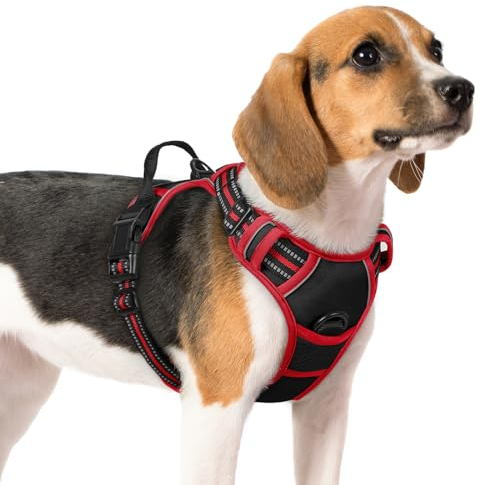 rabbitgoo Hundegeschirr Mittelgroße Hunde, Anti Zug Geschirr mit Kontrolle, No Pull Verstellbar Hundegeschirr Grosse Hunde, Atmungsaktiv Reflexstreifen Brustgeschirr Sichere Führung Schwarz+Rot M