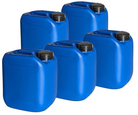 plasteo® 5X 5 Liter Kanister Neu mit Sicherheitsverschluss (DIN 51) | Lebensmittelecht | Tragbar Stapelbar und Stabil | Schwere Qualität | Robust und Langlebig | Indoor und Outdoor | BPA Frei | Blau