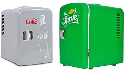Koolatron Diet Coke Mini Fridge 4L Small Fridge 6 Can Table Top Mini Fridges 12V Portable Cooler Grey + Sprite Mini Fridge 4L 6 Can Quiet Mini Fridges for Skincare Food Drinks Home Car & Travel Green