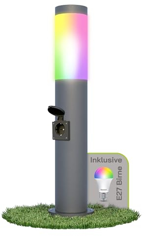 linovum BOSEA-S dunkelgraue Außenleuchte mit Steckdose & Smarthome WLAN E27 Birne RGB+W - Energiesäule 50cm Stromsäule mit Licht
