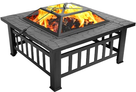 HYCHIKA Brasero Extérieur 3-en-1 Carré 86x86x54cm avec Grille BBQ, Glacière Intégrée et Housse de Protection - Foyer de Jardin pour Terrasse, Camping et BBQ