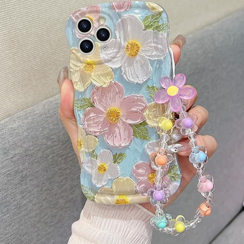 for iPhone 11 Pro Curly Wavy Case, Cute Colorful Retro Oil Painting Flower Glossy Pattern [with Bead Chain], Slim Fit Shockproof Protective Cover for Girls Women (Green)