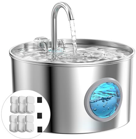 Katzenbrunnen Edelstahl Katzen Trinkbrunnen: Trinkbrunnen für Katze - 2.2L Katzenbrunnen für Katzen - Super Silent Wasserbrunnen für Katzen - Hält das Wasser frisch - mit 6 Kohlefilters + 3 Schwämmes