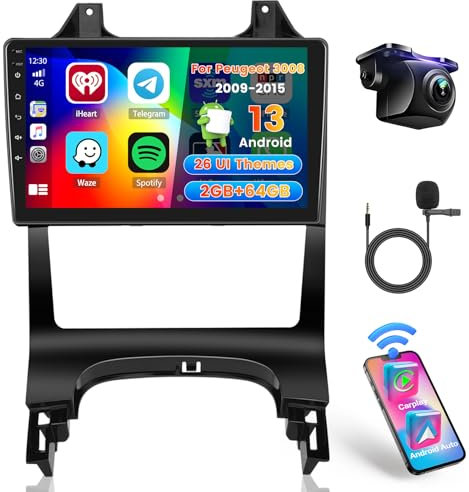 Hikity 2G 64G Android 15 Autoradio Für Peugeot 3008 2009-2015 mit Wireless Carplay Android Auto,9 Zoll Touchscreen Auto Radio mit GPS Navi Bluetooth WiFi RDS FM MIC Rückfahrkamera