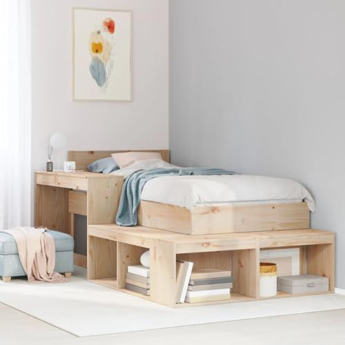 vidaXL Single Bed Frame with Headboard and L-Shaped Bedside Cabinet Desk - 90x190 cm Solid Pine Wood for Bedrooms
