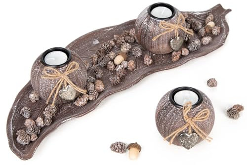 Logbuch-Verlag Teelichthalter Geschenk Weihnachten Tischdeko 3 Teelichter Kerzenhalter mit Dekoschale, Eicheln & Zapfen Herbstdekoration Geschenkset 51 cm