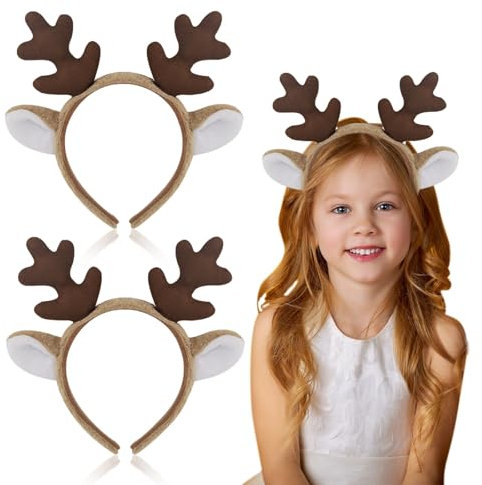 TUONYIS 2 Pièces Serre-tête Oreilles de Cerf Bandeaux de Noël Renne Bois Couvre-chef Accessoires Cosplay pour Carnaval Halloween Noël pour Enfants Adultes (Brun)