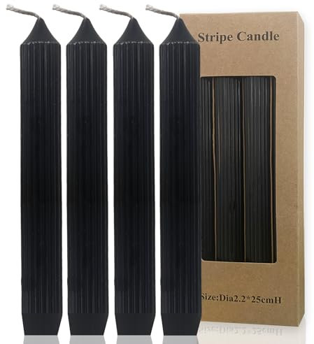 Scentoria Stabkerzen Schwarz, 4 Stück Kerzen, Stabkerzen, Spitzkerzen, Bunte Kerzen, Stabkerzen Set, 4x Tafelkerzen Gerippt, 25cm, 7 Stunden Brenndauer