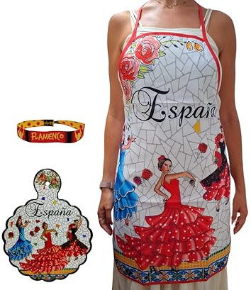 Set Flamenco – Delantal de Cocina con Dibujo de Bailaoras, Salvamanteles con Base de Corcho y Pulsera Bordada | Souvenir España, Accesorios de Cocina Decorativos (Bailaoras Salvamanteles)