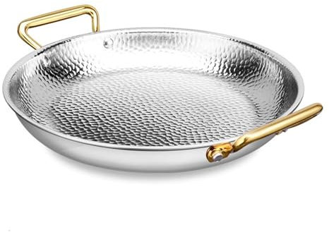QTQHOME Spanische Paella Pfanne mit Doppelgriff, Edelstahl Antihaft Doppelohren-Pfanne, Meeresfrüchte Paella Topf, Kochen Bratpfanne Kochgeschirr für Häuser Restaurants (24 cm, Silber)