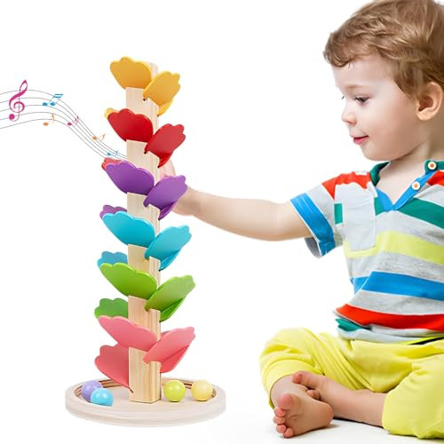 Music Tree Wooden Marble Run, 1 Base, 4 Balls, 6 Colors, Wooden Marble Run Music Tree Montessori Toys for Kids 3+ Years Old, Colorful Rolling Ball Tower, Rainbow Ball Tower for Girls and Boys