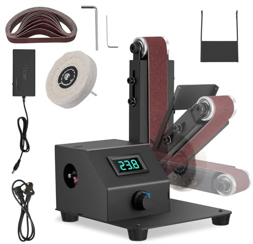Mini Belt Sander, 350W Belt Bench Grinder with Adjustable Speed Display, 90° Adjustable Belt Grinder with 10 Sanding Belts for Metal Wood Aluminium Handmade DIY (1.2x15 in Mini Belt Sander)