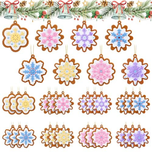 Photect 24 Pcs Pastel Gingerbread Snowflake Ornaments 2.4 Inch Silicone Pastel Candy Ornaments Colorful Macaron Snowflake Decorations for Christmas Tree Wreath Winter Xmas Party Ceiling Hanging Decor
