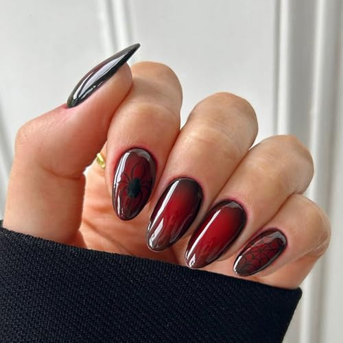 Short Almond Press-On Nails, 24-Piece Wine Red And Black Spider Web Set | Glossy ABS Construction, French Tip With Shaded Borders, Adhesive Tabs, For Parties, Themed Events And Casual Outfits