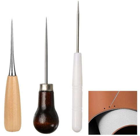 3 Pcs Locher, Vorstecher mit Holzgriff - DIY Nähen Werkzeug für Leder, Canvas, Papier - Hochwertige Schneiderahle für Anfänger und Profis