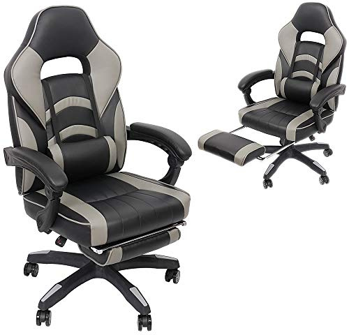 Mucola Gaming Stuhl Bürostuhl Schreibtischstuhl Racing 150 kg belastbar | Gamingstuhl Gaming Chair 140° neigbar Wippfunktion höhenverstellbar | PC Stuhl Drehstuhl mit Lordosenstütze Grau/Schwarz