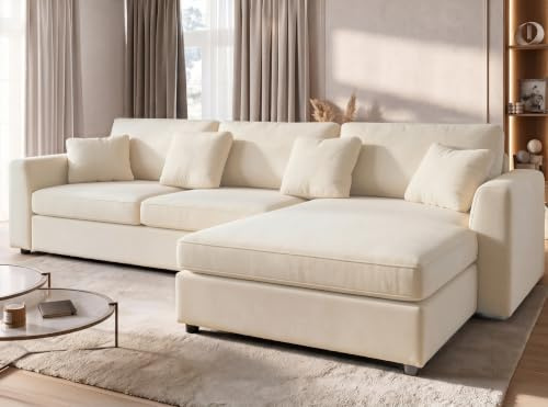 Kingfun 274cm Ecksofa Cream mit Schlaffunktion, 3 Sitzer L Form Eckcouch Chenille für Wohnzimmer & Schlafzimmer, L Form Big Sofa mit Veränderbare Chaiselongue für Büro & Apartment