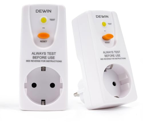 DEWIN 2 Stück FI Schutzschalter Steckdose, 10mA 16A 230V Fehlerstrom Schutzschalter Stecker Haushaltssteckdose