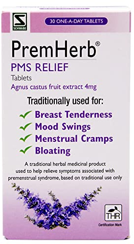 Schwabe Pharma - Premherb PMS Relief - Agnus Castus Fruit Extract 4mg - Traditionally Used for Relief of Breast Tenderness, Mood Swings, Menstrual Cramps, Bloating - 30 Tablets