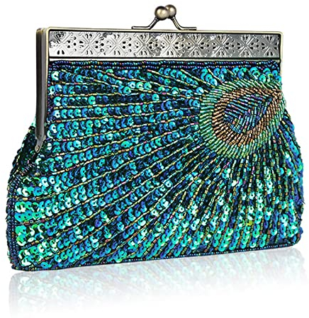 YYW Vintage Clutch Pailletten Blaugrün Pfau Ausgefallene Antik Perlen Pailletten Abend Handtasche Damen Mode Designer Elegante Geldbörse, blau - peacock blue, Einheitsgröße