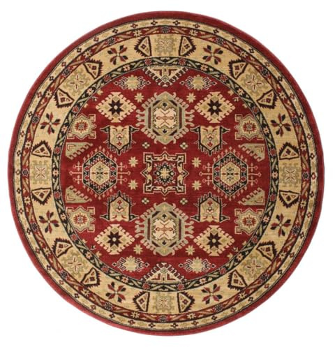 RugVista Shirvan Kazak Teppich, Ø 200 cm, Rot/Beige | Orientalische, Rund, Niedriger Stapel, Nur chemische Reinigung, Oeko-Tex 100, Wohnzimmer, Esszimmer, Schlafzimmer
