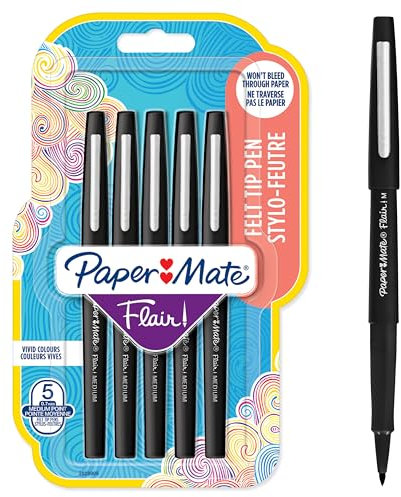Paper Mate Flair Filzstifte | mittlere Spitze (0,7 mm) | Schwarz | 5 Stück