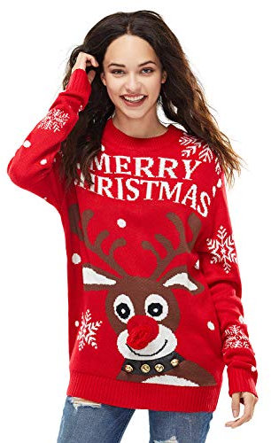 Damen Weihnachtspullover Lustig Unisex Hässliche Pulli Strickpullover Ugly Weihnachtspulli mit weihnachtlichen Motiven für Damen Herren Weihnachtsparty, XXL, Jingle Bells Rudolph