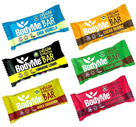 BodyMe Organic Vegan Protein Bar, Mixed Trial Pack - 16g Plant Based High Protein Snack Bars with Amino Acids - Gluten and GMO Free, 6 x 60g