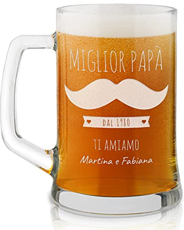 Maverton Boccale per la Birra in vetro con personalizzazione - capienza 500 ml - H12 cm x Ø8,5 cm - ottima idea regalo per le feste perfetto per ogni uomo amante della buona Birra - miglior papà