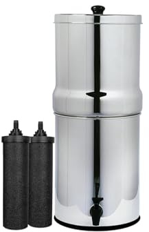 AquaEasy Edelstahl Gravity Fed Wasserfiltersystem (2,25 Gallon) mit 2 x Aktivkohlefilter, Edelstahlhahn und Holzständer (glänzend)