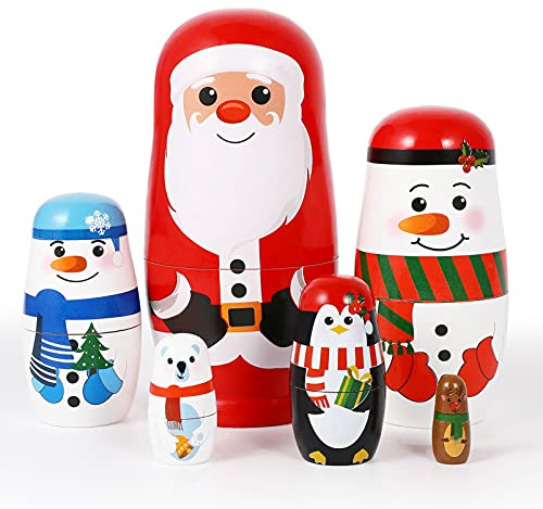 Christmas Wooden Stacking Doll Christmas Russian Matryoshka Doll s Wooden Nested with Santa Claus Elk Snowman Polar Bear Penguin for Birthday Toy Party Home Decor