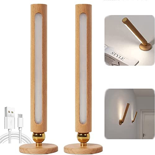 LED Legno Dimmerabile Applique da Parete Batteria USB Ricaricabile Lampada da Parete Tattile Controllo Interno 360° Rotazione Luce Notturna 6W Scale Wireless Magnetica Lampada da Comodino (2 Pezzi)