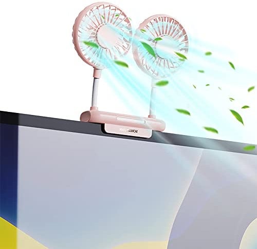 Thrrly Schreibtisch-Ventilator mit 2 Lüfterköpfen, 3 Geschwindigkeiten, 360° drehbar, Schreibtisch-Ventilator, leise, kleiner USB-Tischventilator für Desktop-Laptop