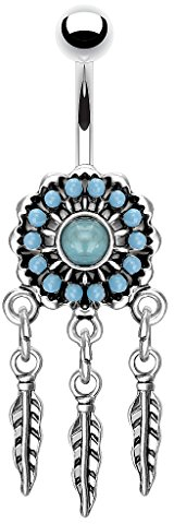 Piercingfaktor Bauchnabelpiercing Chirurgenstahl Bauch Bauchnabel Piercing Banane Stecker Anhänger Tribal Vintage Traumfänger Türkis Blau Silber