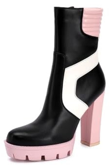 Stivaletti con tacco alto con plateau rosa grosso, tacco spesso con cuscino nero, stivaletti con tacco alto, scarpe da donna Frankie Hsu Fashion Designer Casual alla caviglia con tacco alto, nero, 43