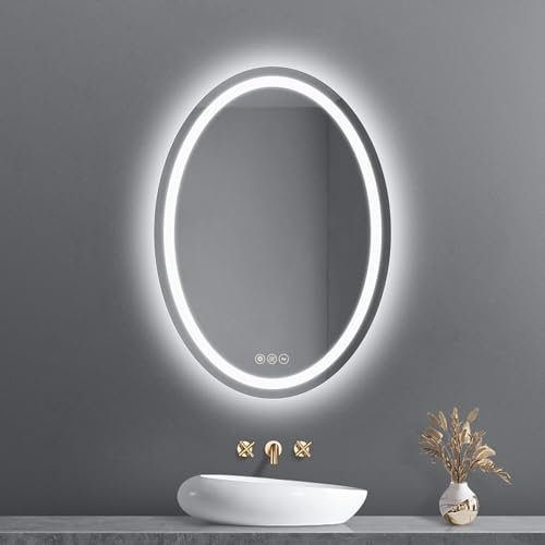 AI-LIGHTING Badspiegel Oval mit Beleuchtung 50 x 70 Badezimmerspiegel mit Touchschalter, Dimmbar, 3 Lichtfarben, Beschlagfrei Badspiegel mit Licht Wandspiegel für Badezimmer 3000K-6400k