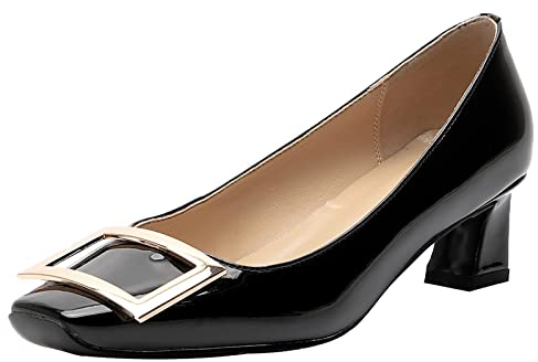 Lizoleor Donna Tacco A Blocco Formal Closed Toe Senza Chiusura Vernice Vestito Scarpe Ufficio Eleganti Serata retrò Tacco Medio Pump Bridal Nero Numero 33 EU