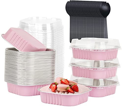 LNYZQUS 4” Mini Pie Tins Muffin Pans With Lids 40 Pack, 7.5oz Aluminum Foil Muffin Tins Individual Small Cake Pans Dishes,Disposable Ramekins Baking Cups Contaniers-Pink