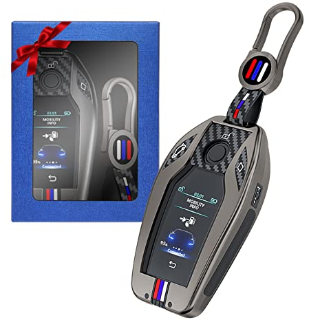Yumzeco Zink Legierung Autoschlüssel Cover, Auto Schlüsselhülle Covers Kompatibel mit B*MW 5 7 Series G30 G31 X3 X4, Kohlefaser-Muster Smartkey Schutzhülle Schlüssel Cover mit Silicone TPU Grau