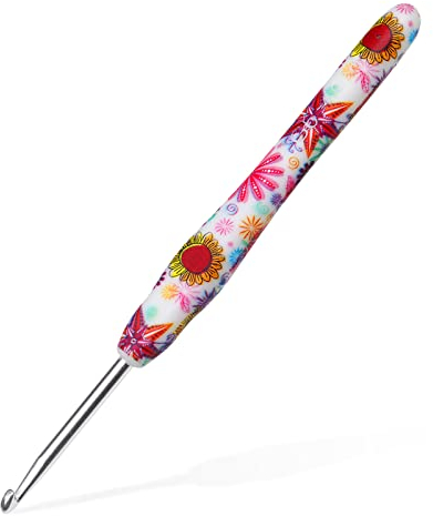 4mm Crochet Hook, Aeelike Ergonomic Soft Rubber Grip Crochet Hook for Arthritic Hands and Beginners, Pretty Floral Pattern Metal Crochet Needle 4mm