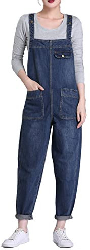 Jamron Donna Taglie Forti Salopette in Denim Stretch Lungo Overall Tuta Intera Jumpsuit Pantaloni Jeans con Pettorina Blu L