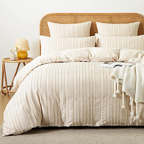 Michorinee Housse de Couette Tuftée 200x200 Beige Rayée Broderie Parure de Lit Adulte 2 Personnes avec Fermeture Éclair, Parure Housse Couette Bohème Style avec 2 Taie d'oreiller 65x65 cm